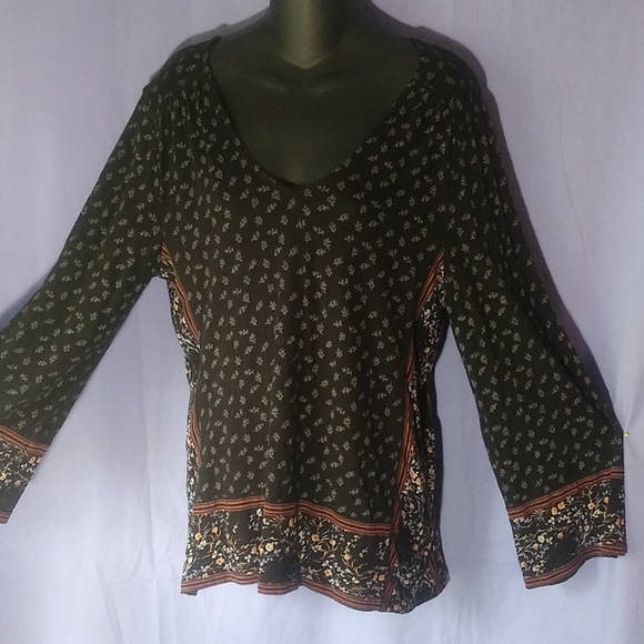 Lucky Brand, boho, black printed, 3/4 sleeve, top - Picture 2 of 12